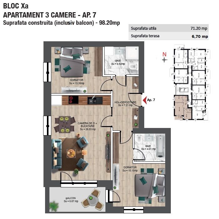 Apartament 3 camere cu loc de parcare acoperit Boreal Plus 